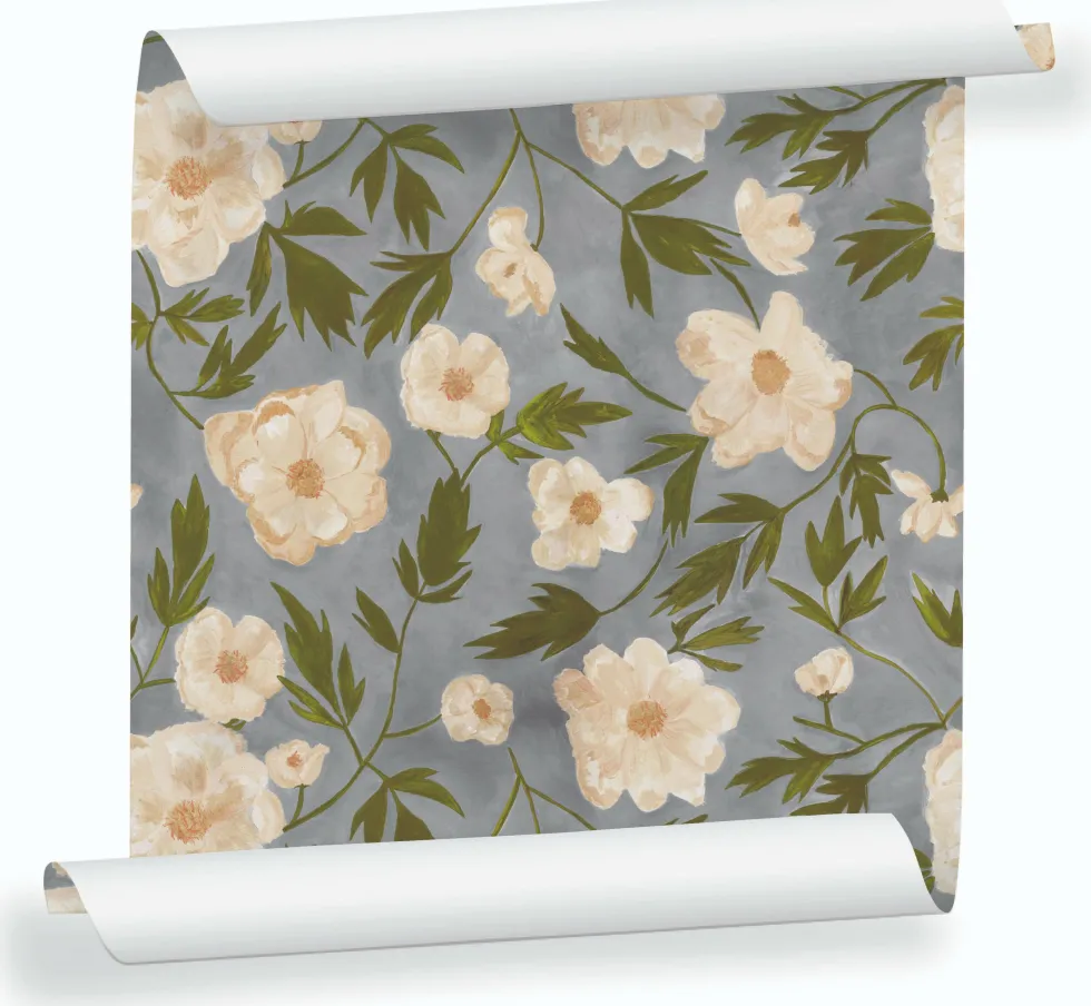 Lé de papier peint fleuri sur fond gris clair Aude - Mues Design
