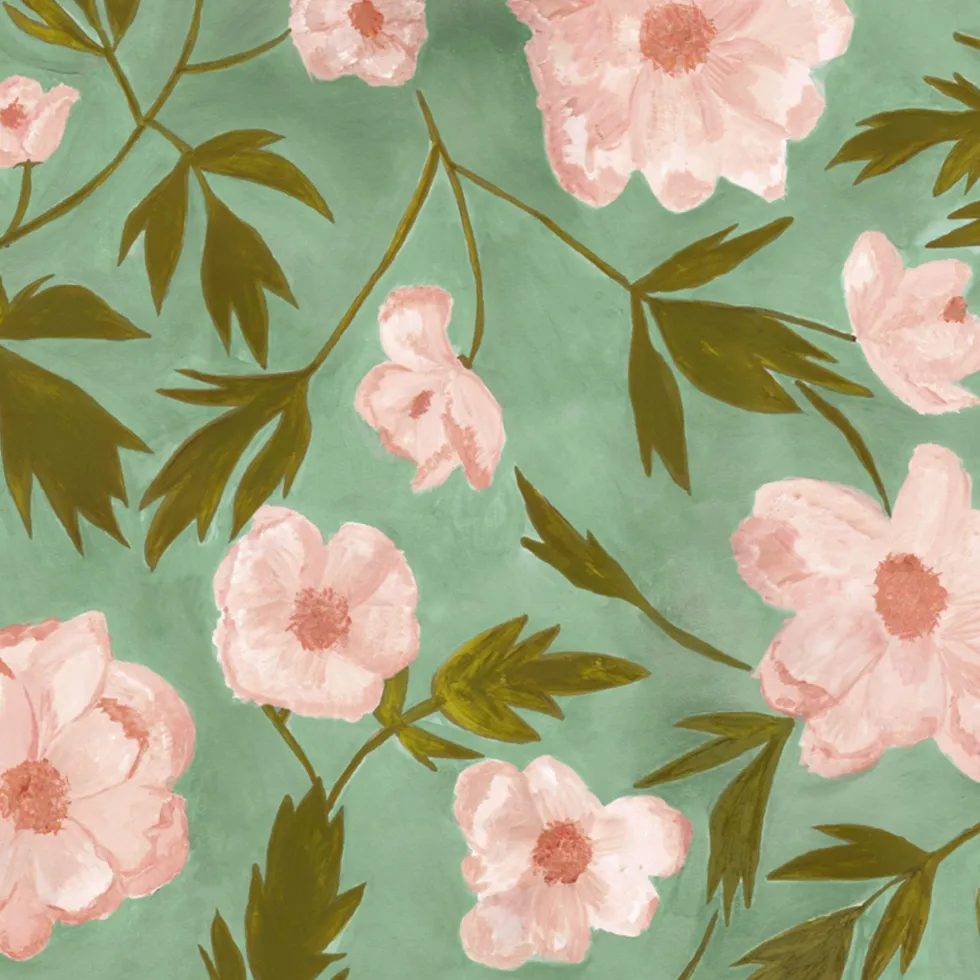 Lé de papier peint fleuri sur fond vert clair Aude - Mues Design