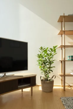 Meuble télévision en chêne noir et cuir marron 40 x 140 cm Audacious - UMAGE