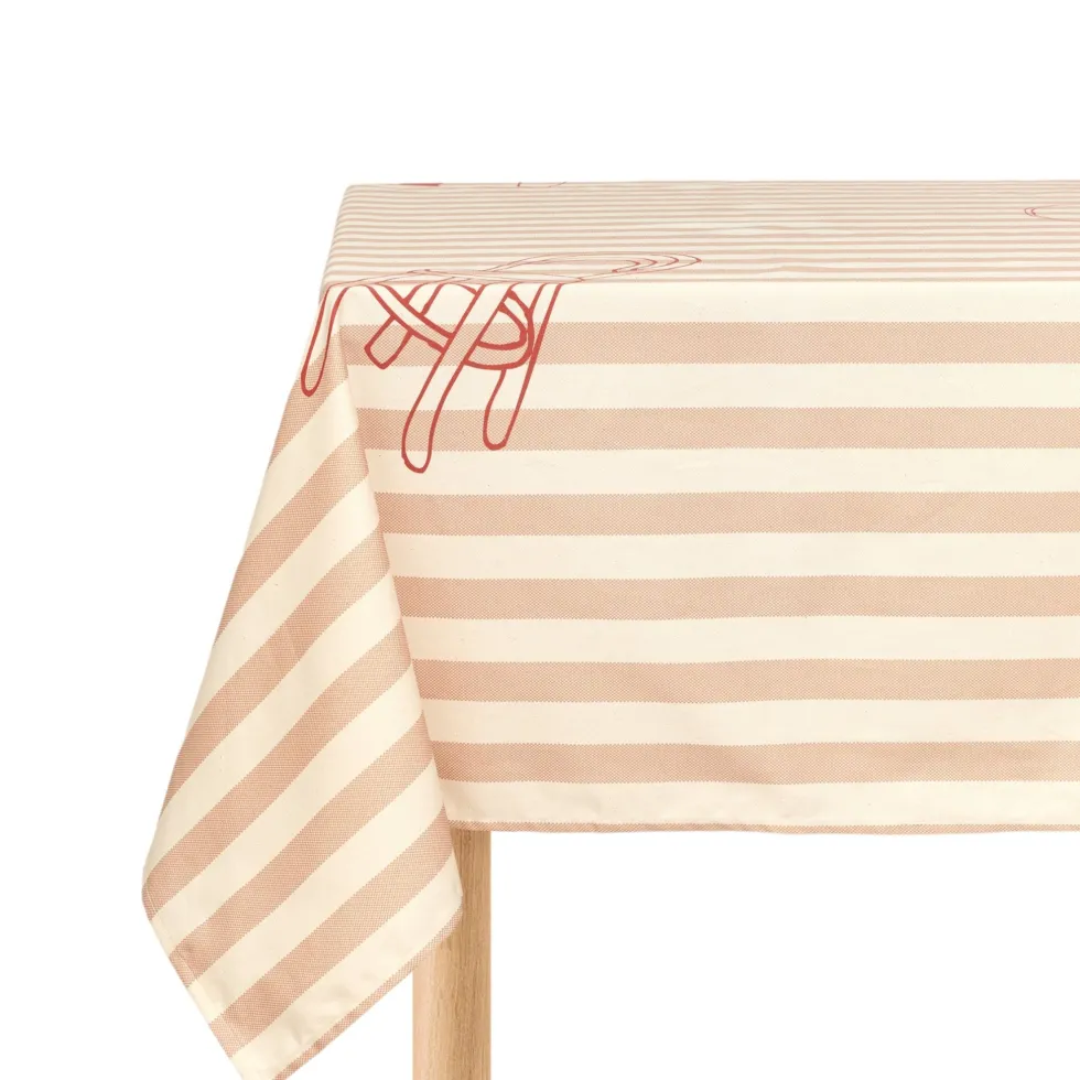 Nappe de table rectangulaire en coton bio à rayures rouge 150 x 250 cm - Nobodinoz