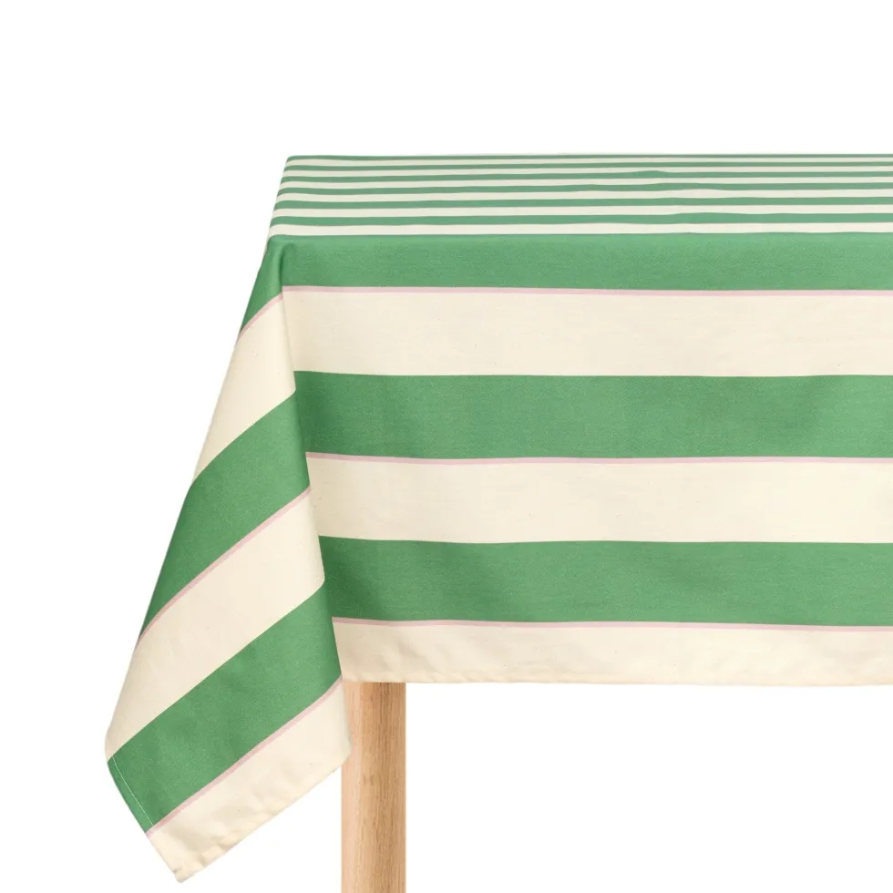 Nappe de table rectangulaire en coton bio à rayures vert et rose 150 x 250 cm - Nobodinoz
