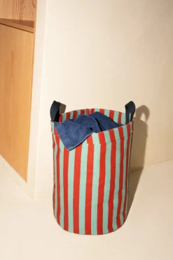 Panier de rangement rond en coton bio à rayures vert et bleu 36 x 47 cm - Nobodinoz
