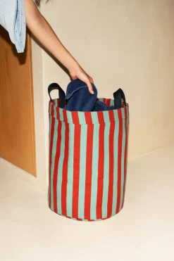 Panier de rangement rond en coton bio à rayures vert et bleu 36 x 47 cm - Nobodinoz