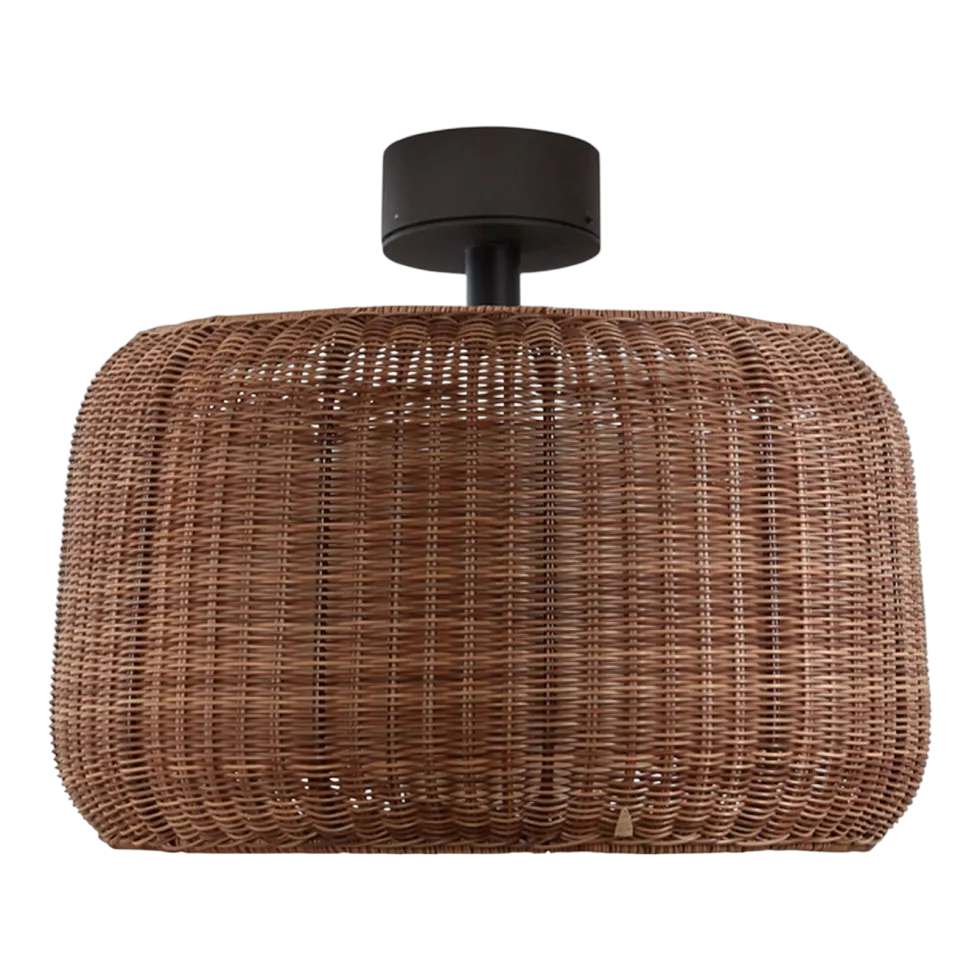 Plafonnier led dimmable triac en aluminium et abat-jour marron rotin 50x43cm Fora - Bover