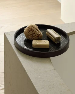 Plateau rond en verre sérigraphié vert mousse et placage teck marron 30x3cm - Ethnicraft Accessories