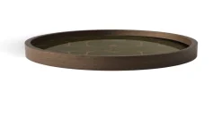 Plateau rond en verre sérigraphié vert mousse et placage teck marron 30x3cm - Ethnicraft Accessories