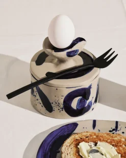Pot alimentaire rond en grès bleu beige 12,5x13cm Sophia 02