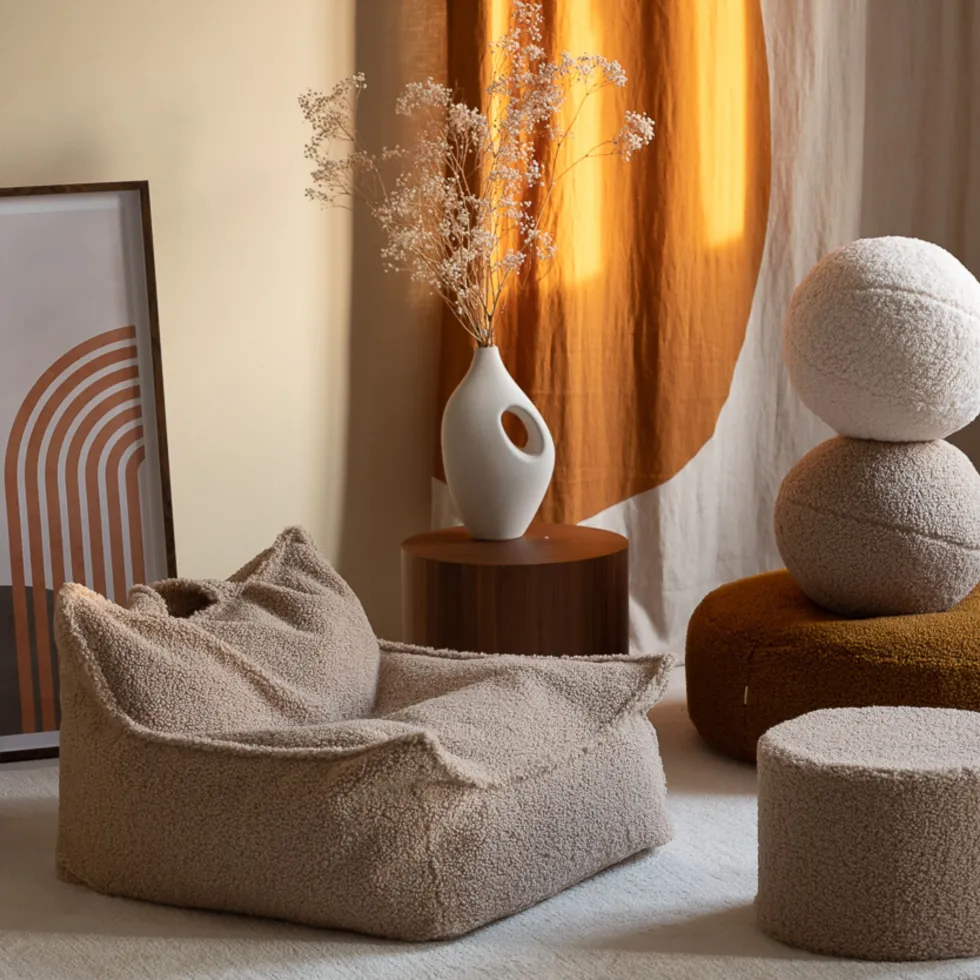 Pouf fauteuil en sherpa bouclé biscuit 80x70cm beanbags - Wigiwama