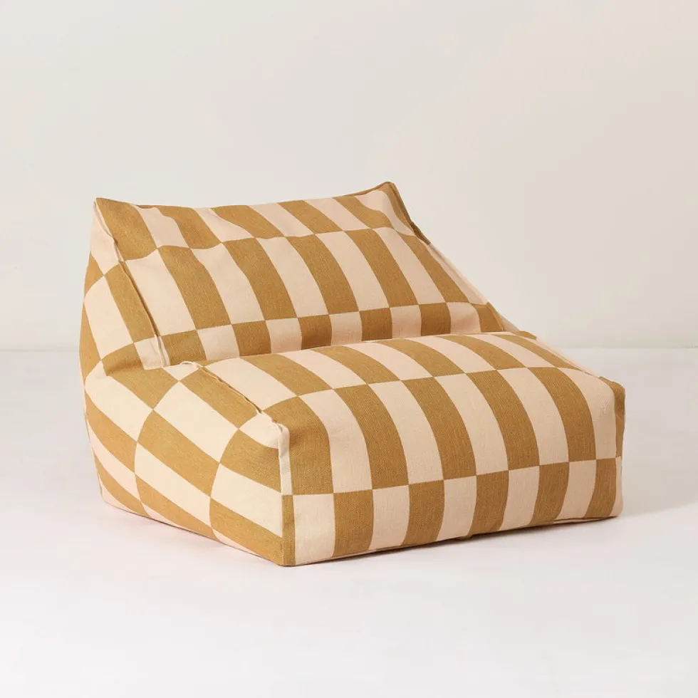Pouf fauteuil pour enfant en coton bio à carreaux moutarde et beige 74x40x60cm Vibes - Nobodinoz