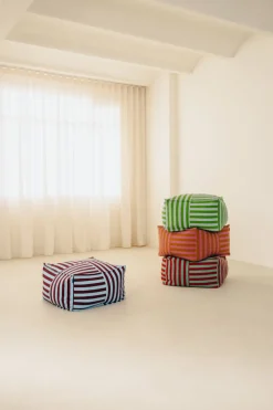 Pouf ottoman carré en coton rayures vert et bleu 55 x 55 x 35cm Otto - Nobodinoz
