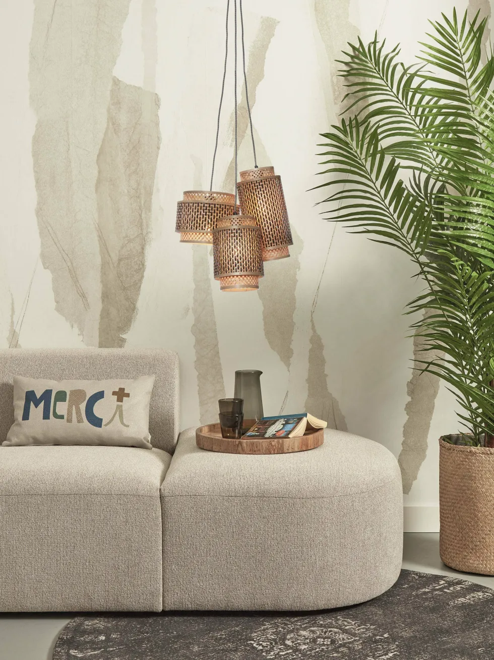 Suspension avec 3 abat-jours en bambou noir et naturel 20x35 cm Bhoutan - Good & Mojo