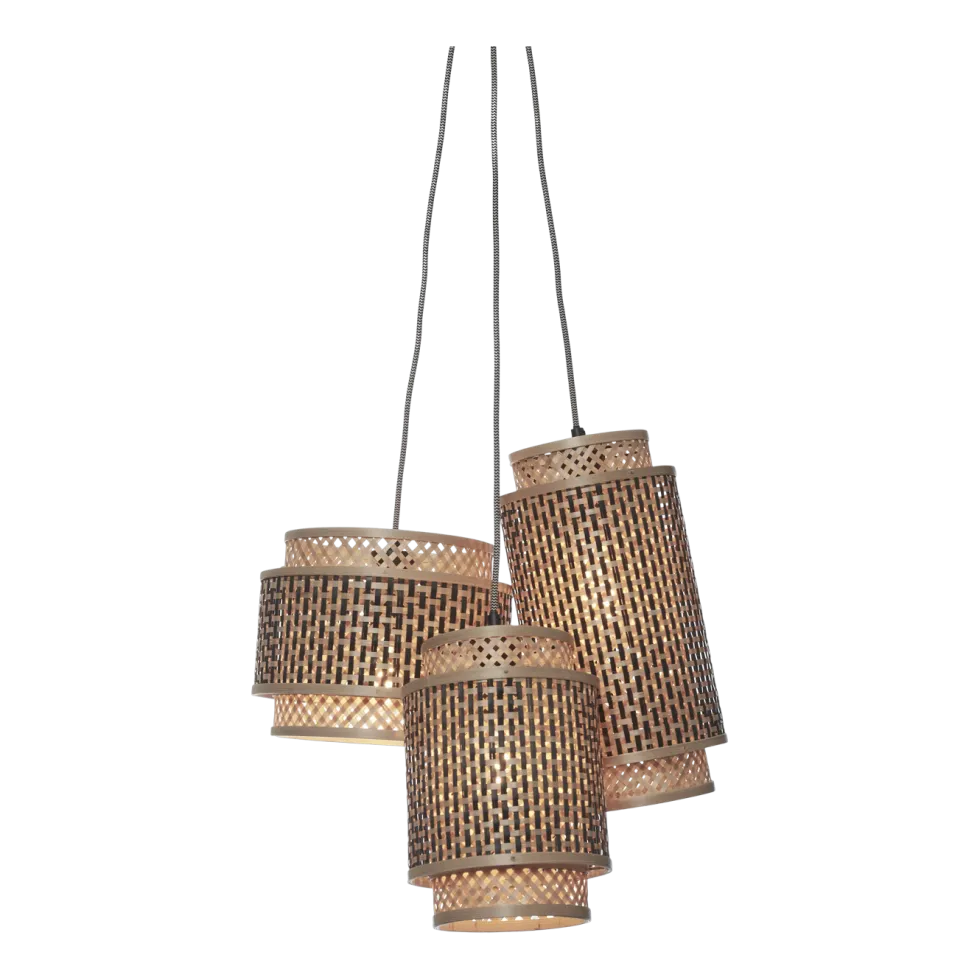 Suspension avec 3 abat-jours en bambou noir et naturel 20x35 cm Bhoutan - Good & Mojo