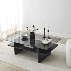 Table basse rectangulaire en bois noir et verre fumé 105x65x35cm Saga - Home Design