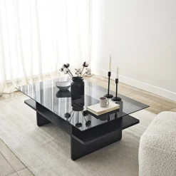 Table basse rectangulaire en bois noir et verre fumé 105x65x35cm Saga - Home Design