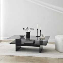 Table basse rectangulaire en bois noir et verre fumé 105x65x35cm Saga - Home Design
