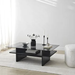 Table basse rectangulaire en bois noir et verre fumé 105x65x35cm Saga - Home Design