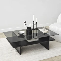 Table basse rectangulaire en bois noir et verre fumé 105x65x35cm Saga - Home Design