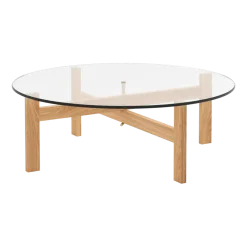 Table basse ronde en bois de chêne et verre 88cm - Moebe