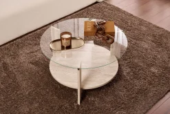Table basse ronde en bois effet travertin et plateau en verre 75x40cm Clara - Home Design