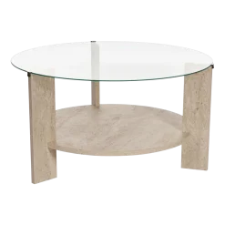 Table basse ronde en bois effet travertin et plateau en verre 75x40cm Clara - Home Design