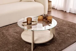 Table basse ronde en bois effet travertin et plateau en verre 75x40cm Clara - Home Design
