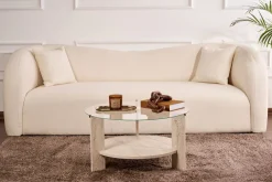 Table basse ronde en bois effet travertin et plateau en verre 75x40cm Clara - Home Design