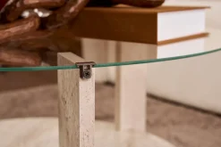 Table basse ronde en bois effet travertin et plateau en verre 75x40cm Clara - Home Design