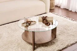 Table basse ronde en bois foncé et plateau en verre 75x40cm Clara - Home Design