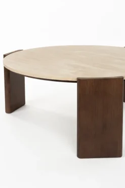 Table basse ronde en travertin et bois d'hévéa 90cm Valcour - Dutchbone