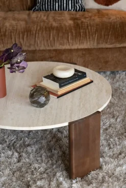 Table basse ronde en travertin et bois d'hévéa 90cm Valcour - Dutchbone