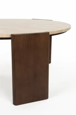 Table basse ronde en travertin et bois d'hévéa 90cm Valcour - Dutchbone