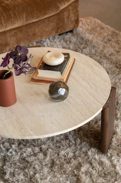 Table basse ronde en travertin et bois d'hévéa 90cm Valcour - Dutchbone