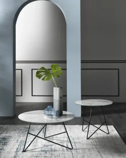 Table basse ronde en verre marbré calacatta blanc et base noire 50 x 44 cm Ermione - Meme Design