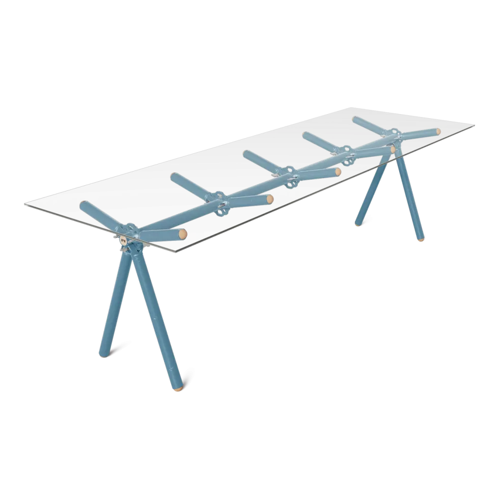 Table à manger en verre et structure en échafaudage bleu 250cm Clavex - Maximum
