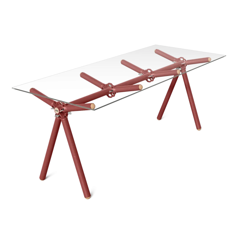 Table à manger en verre et structure en échafaudage rouge 200cm Clavex - Maximum