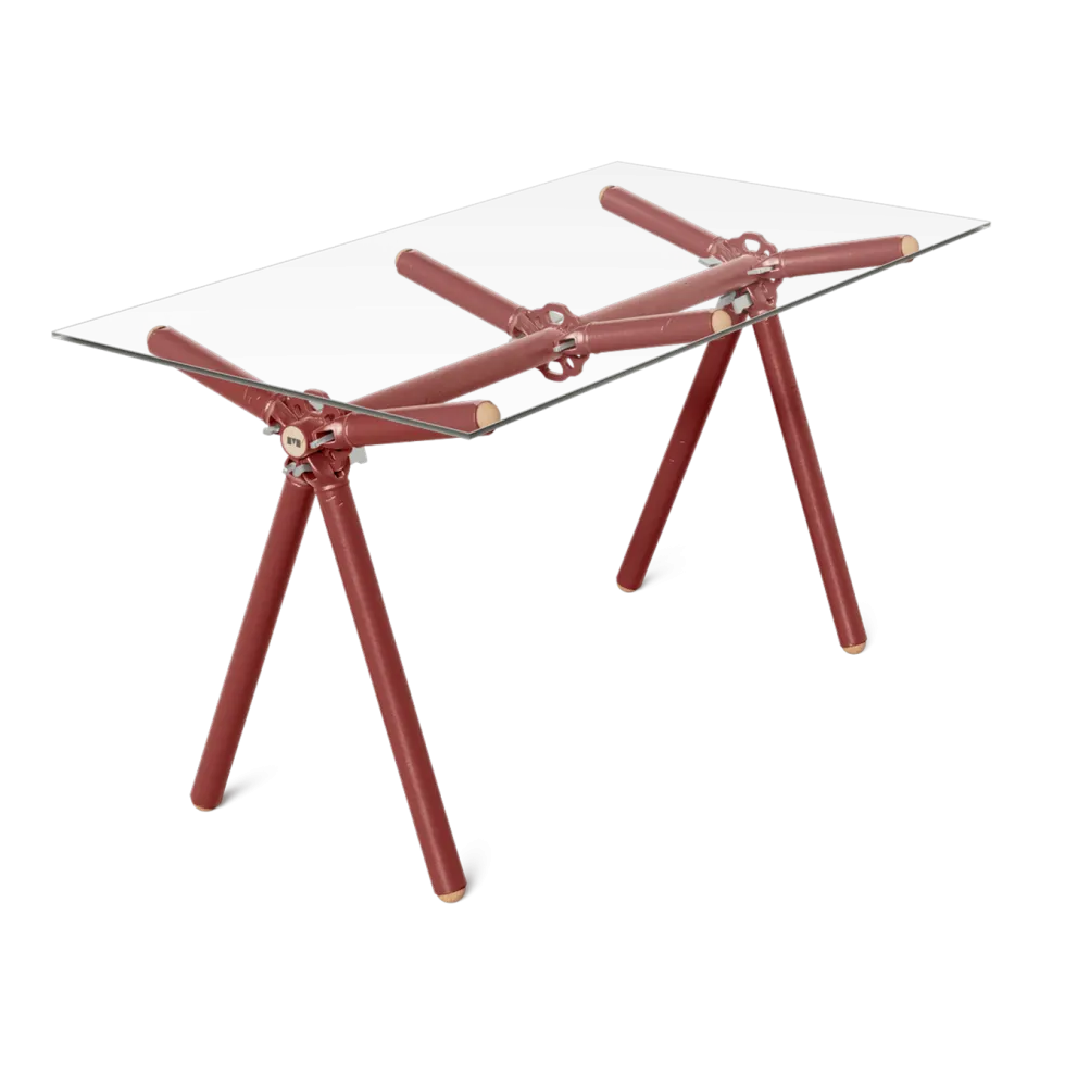Table à manger en verre et structure en échafaudage rouge 140cm Clavex - Maximum