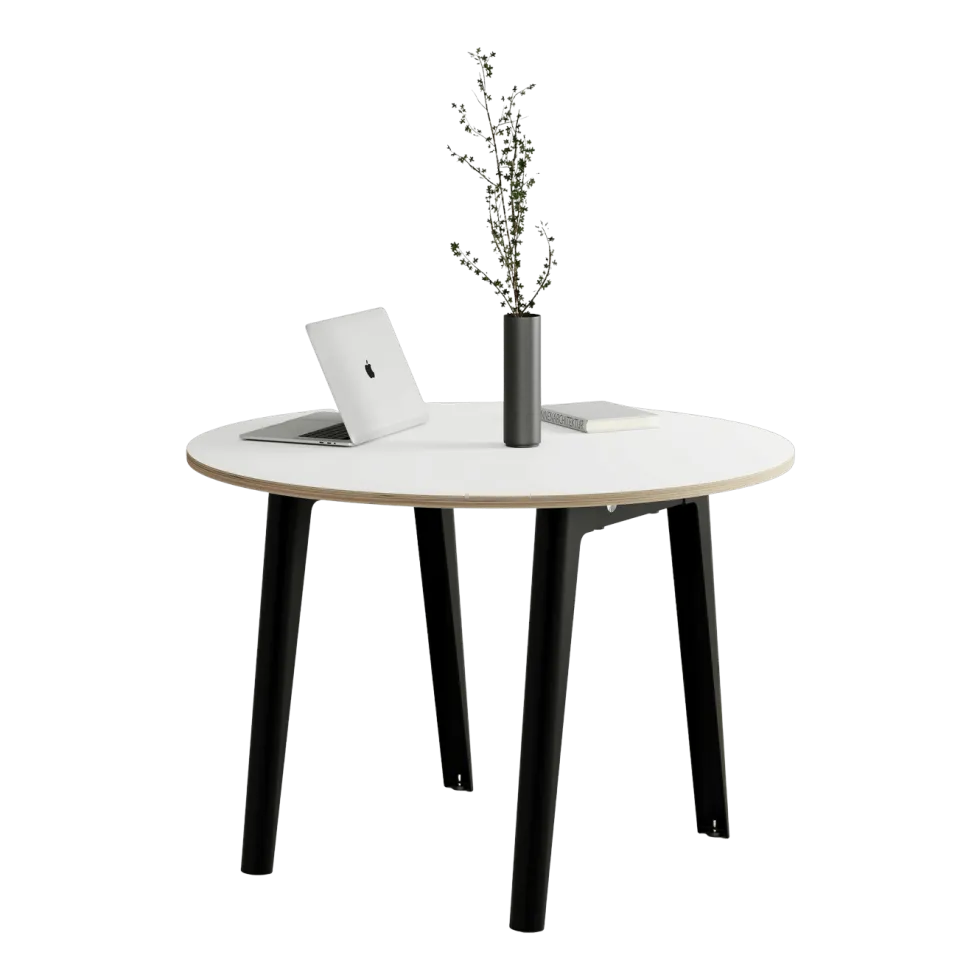 Table à manger ronde 110 cm en bois éco-certifié blanc et pieds noirs graphite New Modern - Tiptoe