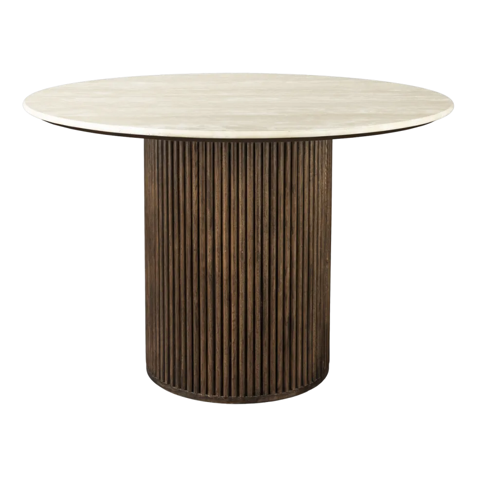 Table à manger ronde en travertin et chêne finition noyer 115cm Arda - Dutchbone