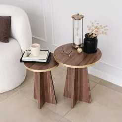 Tables d'appoint en bois marron foncé et or Mushroom - Home Design