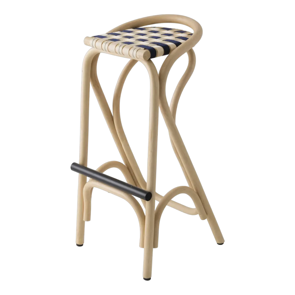 Tabouret de bar en rotin et assise bleu gendarme 83x44cm Virage - ORCHID EDITION
