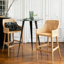 Tabouret de bar en rotin naturel piétement teck Saïgon - KOK