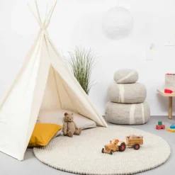 Tapis à boules de feutre beige marbré 140 cm Béla - myfelt