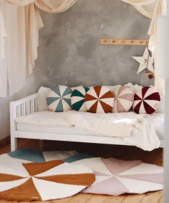 Tapis rond en coton et lin patchwork bleu cirque - Moi Mili