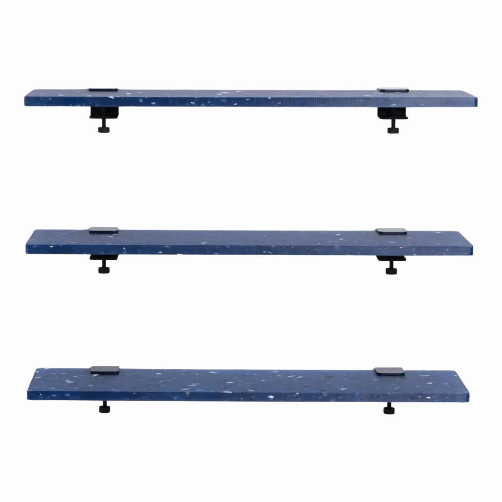 Trio étagères en plastique bleu recyclé 90 cm + 6 accroches acier patiné - Tiptoe