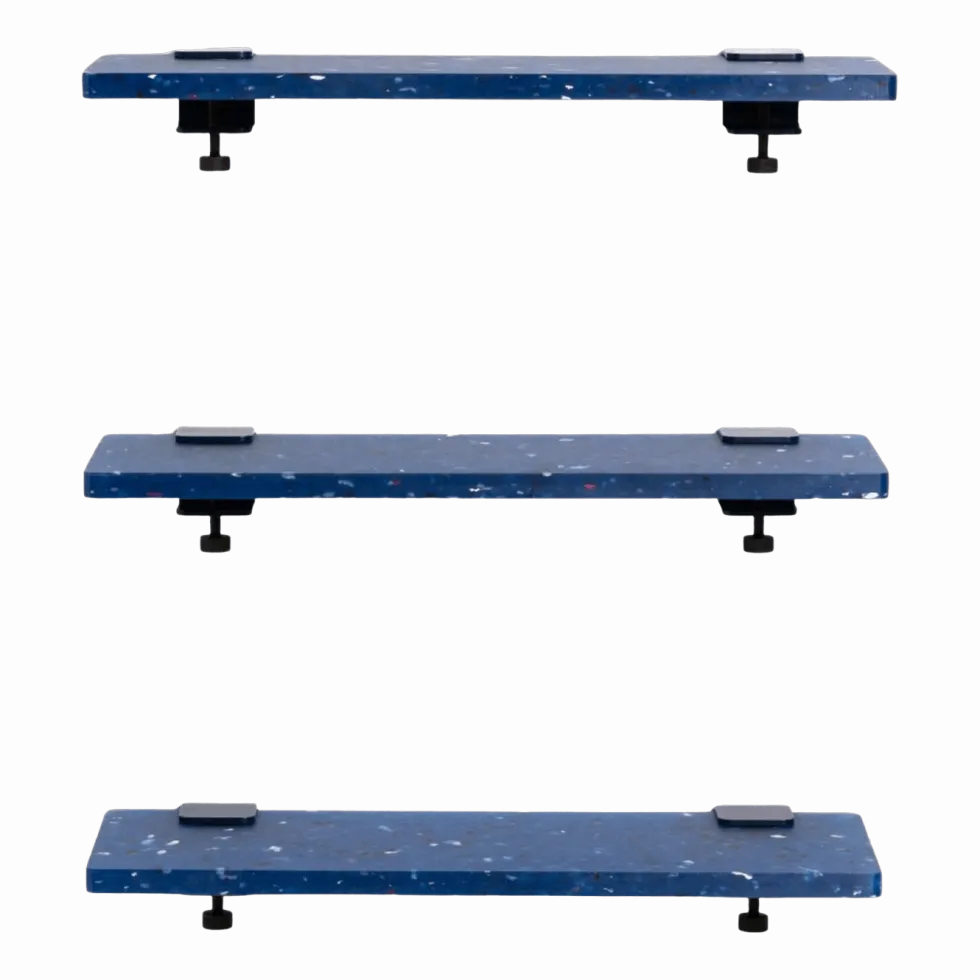 Trio étagères en plastique bleu recyclé 60 cm + 6 accroches acier patiné - Tiptoe